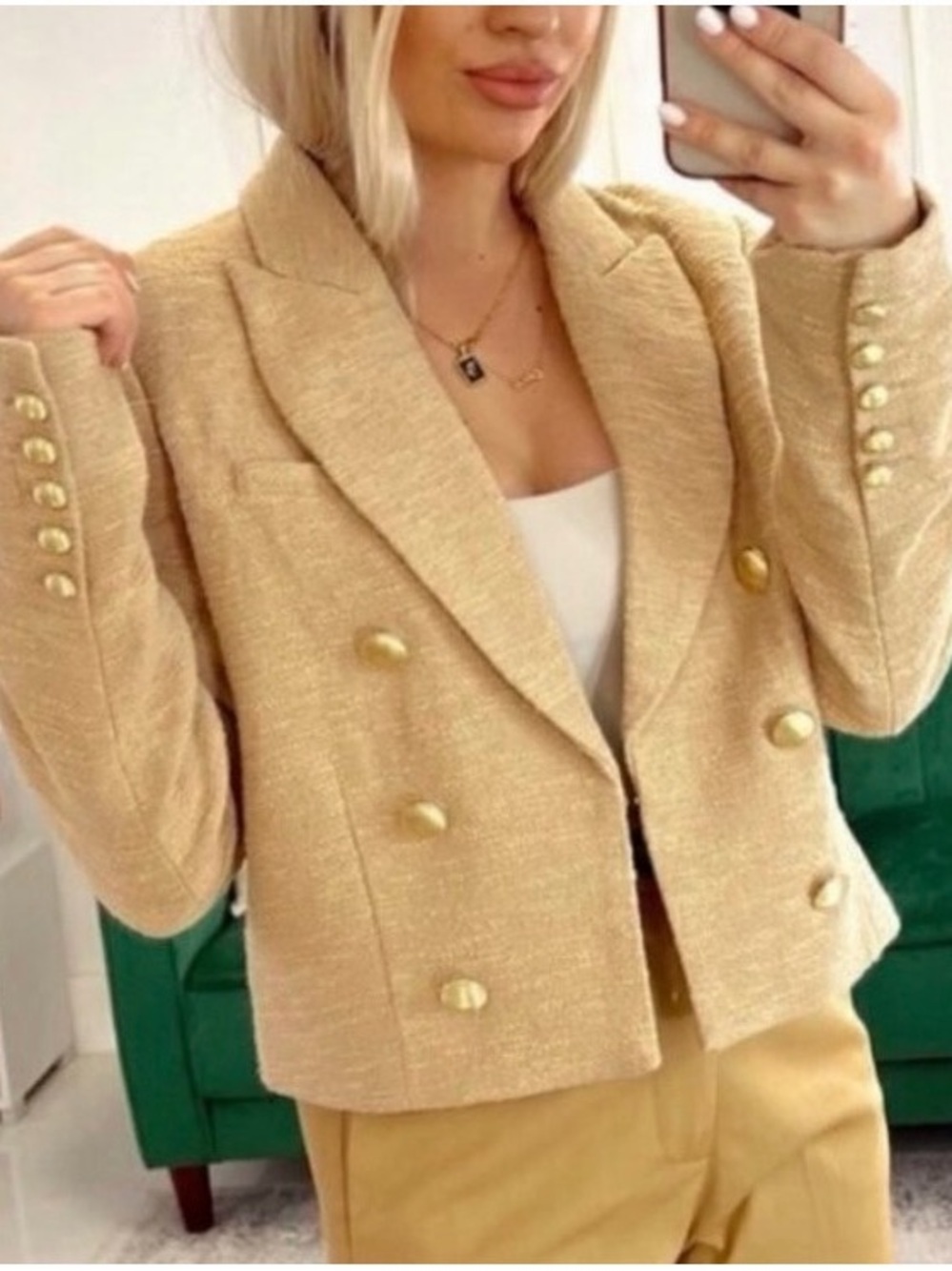 House of Harlow Tan Tweed Cropped Tan Equestrian Preppy Blazer Small